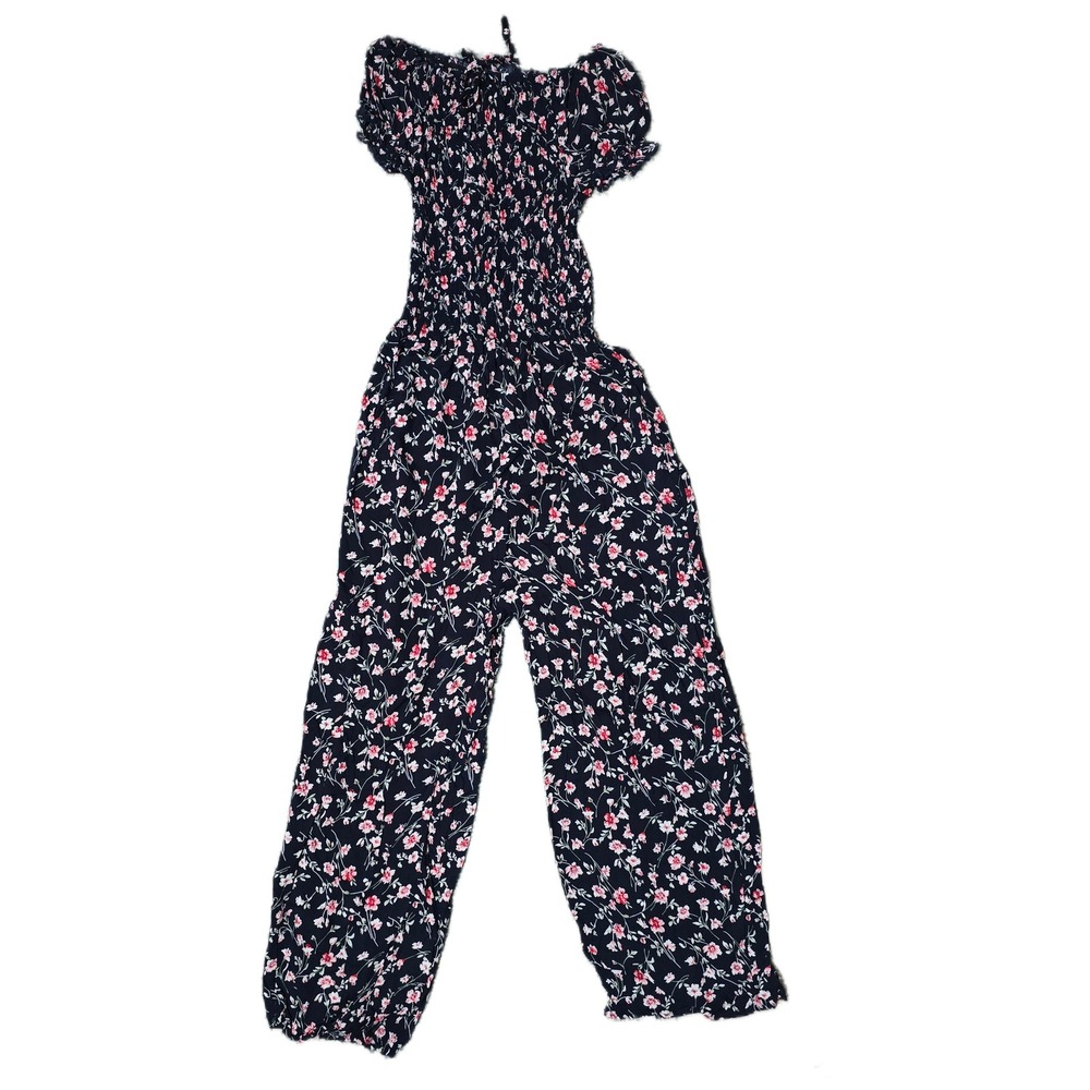 Kindred Women's Floral Print Smocked Jumpsuit Navy Mauve Romper S